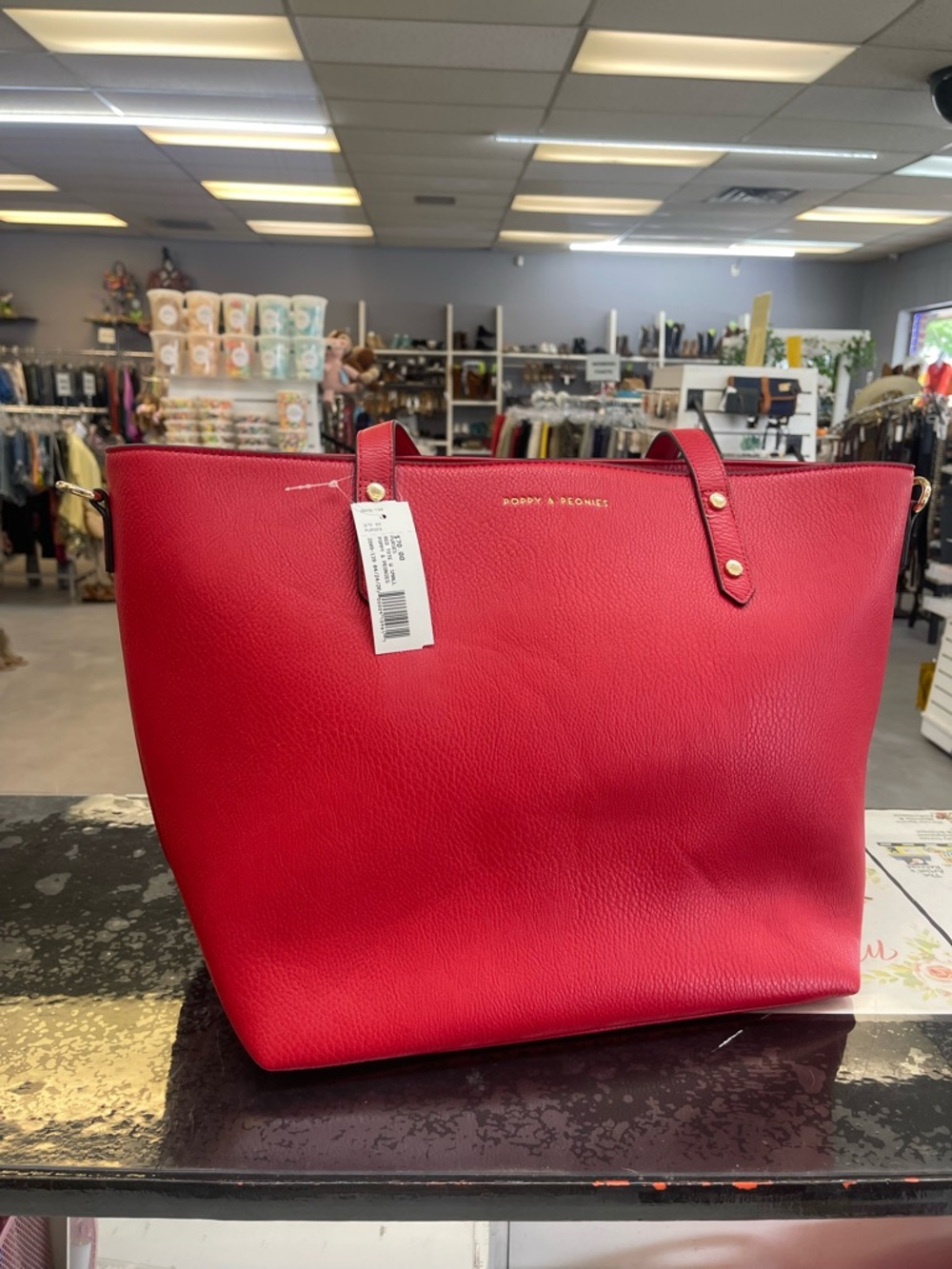 Poppy & Peonies Red Pebbled Leather Tote - Picture 2 of 10